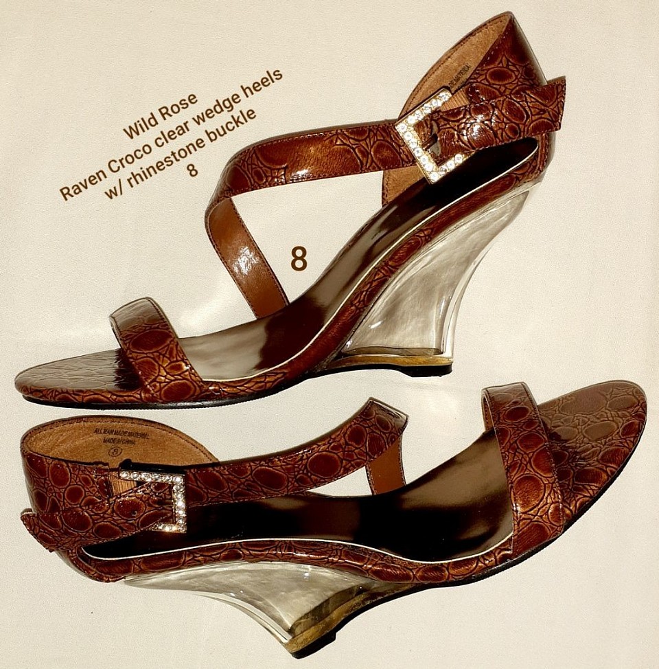 Wild Rose Brown Clear Wedge High Heels 8, Animal Print Shoes, Sandals, Stillettos