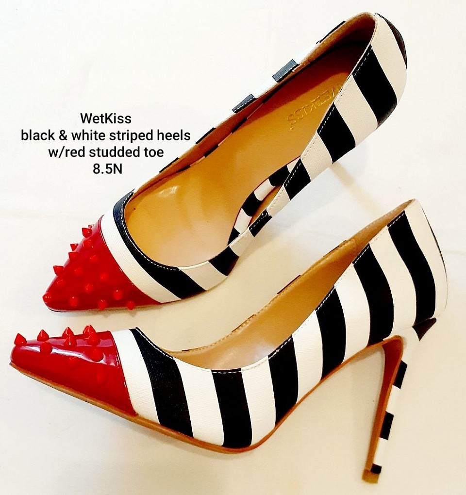 WetKiss black & white striped heels w/ red studded toe 8.5N