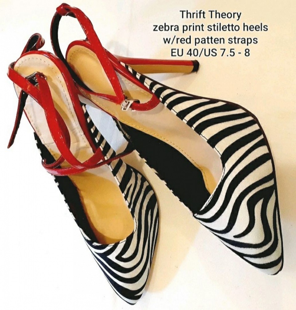 Zebra Print Stiletto Heels w/Red ankle straps 9