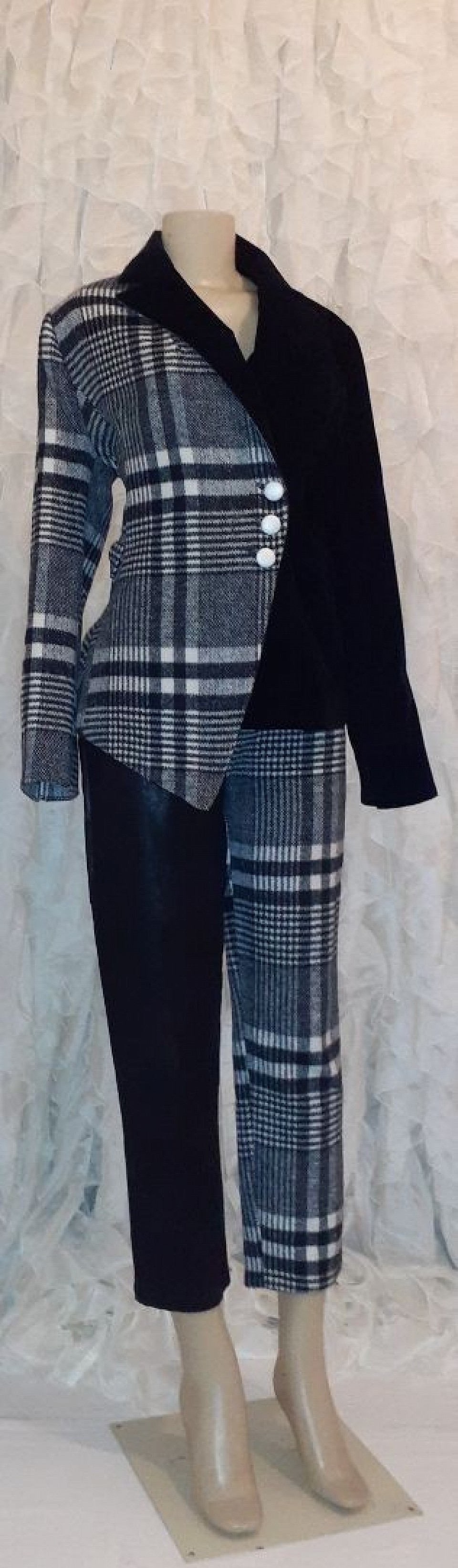 Vintage Classy Two-Tone Plaid & Leather-Style Pants Set S/M